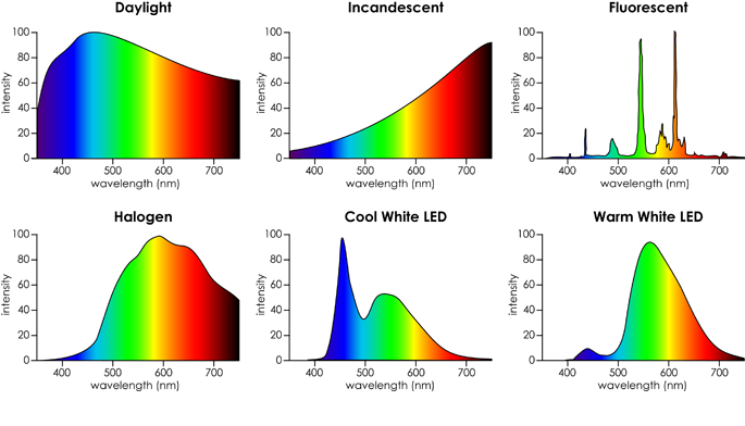 Spectral response in different kinds of light sources including daylight, incandescent bulbs, LED bulbs, and fluorescent bulbs.